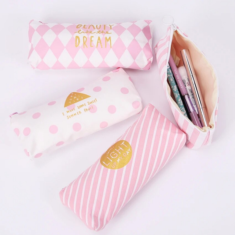 Jauns svaigs rozā svītru futrālis jauks audekla zīmuļu soma Skolas piederumi kancelejas piederumu materiāls Escolar zīmuļu futrālis