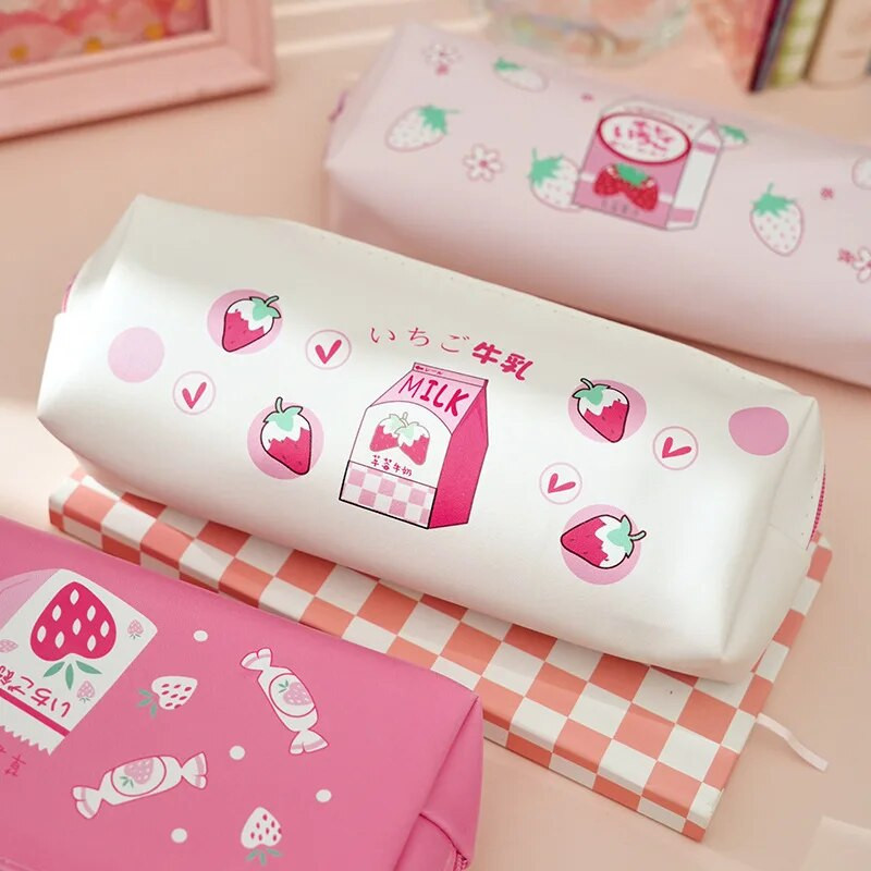 1 gab Kawaii penālis zemeņu dāvana Estuches skolas zīmuļu kastīte Pencils zīmuļu soma Skolas piederumu kancelejas preces