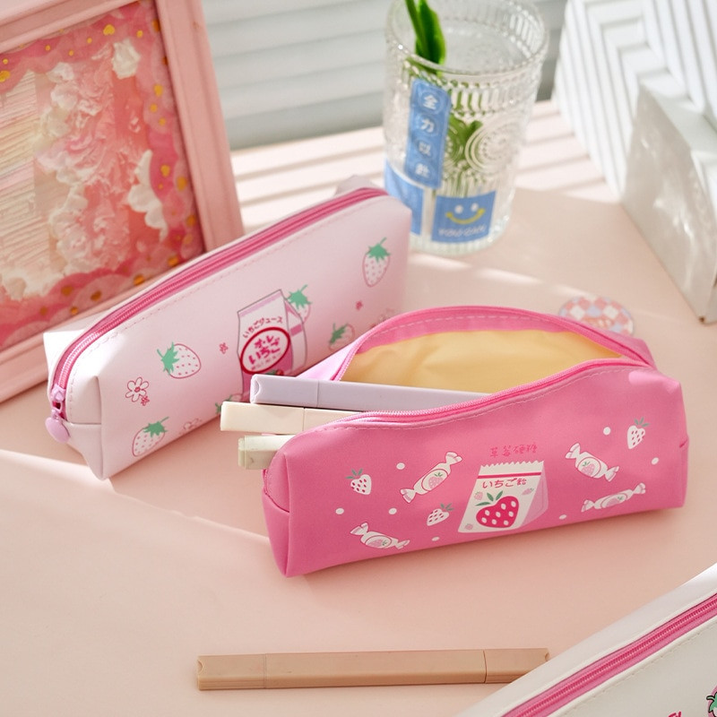 1 gab Kawaii penālis zemeņu dāvana Estuches skolas zīmuļu kastīte Pencils zīmuļu soma Skolas piederumu kancelejas preces