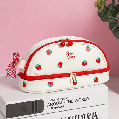 JIANWU lielas ietilpības ķiršu zīmuļu futrāļi divslāņu pārnēsājami Strawberry Love PU zīmuļu soma Kawaii kancelejas piederumi skolas piederumi