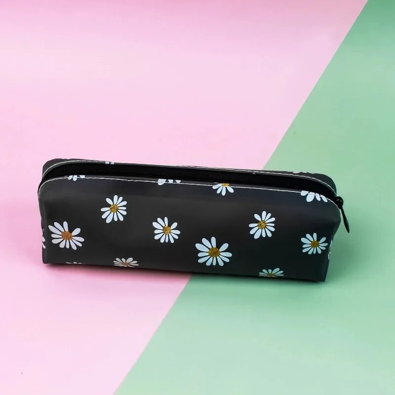 Ziedu silikagels, melns margrietiņa zīmuļu soma Skolas zīmuļu futrāļi meitenēm studentu kancelejas piederumu maciņš Mīlīgs zīmulis biroja piederumi