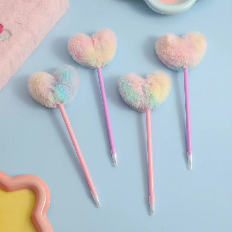 Krāsains sirds plīša pompons lodīšu pildspalva metāla korpuss, melns eļļas rakstāms lodīšu pildspalva Skolas biroja kancelejas piederumi meitenēm dāvana