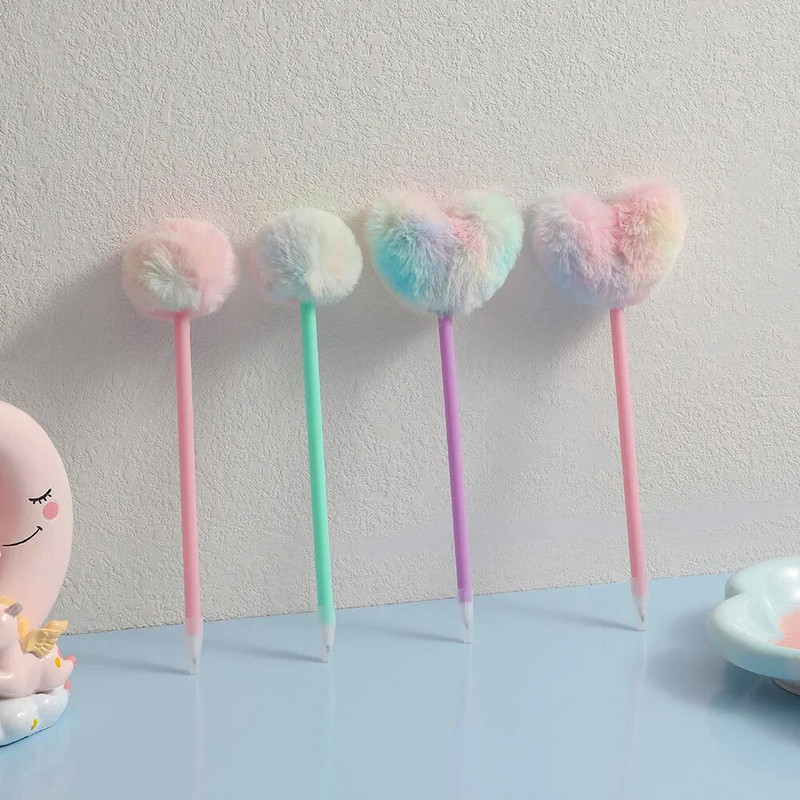 Krāsains sirds plīša pompons lodīšu pildspalva metāla korpuss, melns eļļas rakstāms lodīšu pildspalva Skolas biroja kancelejas piederumi meitenēm dāvana