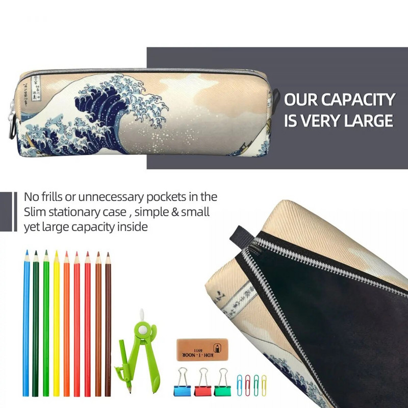 Vintage The Great Wave Off Kanagawa pliiatsikarbid Kinnitatud pliiatsikarbis pliiatsihoidja õpilaste kottide jaoks Koolitarbed Tõmblukuga kirjatarbed