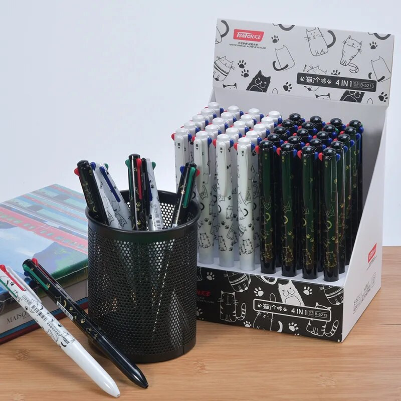 2 gab. 4 vienā četru krāsu melnbaltā kaķa daudzkrāsu lodīšu pildspalva Jauki biroja studentu kancelejas piederumi