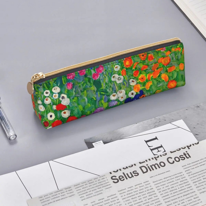 Gustav Klimti kolmnurkne pliiatsikott Suvila Aed Prindikool Suure mahutavusega tõmblukuga pliiatsikarp teismelistele Retro nahast pliiatsi kott