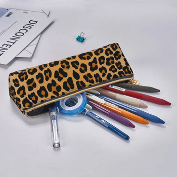 Animal Print Τριγωνική μολυβοθήκη Yellow Leopard for Teens University Zipper Pencil Box Ρετρό Δερμάτινη θήκη για στυλό