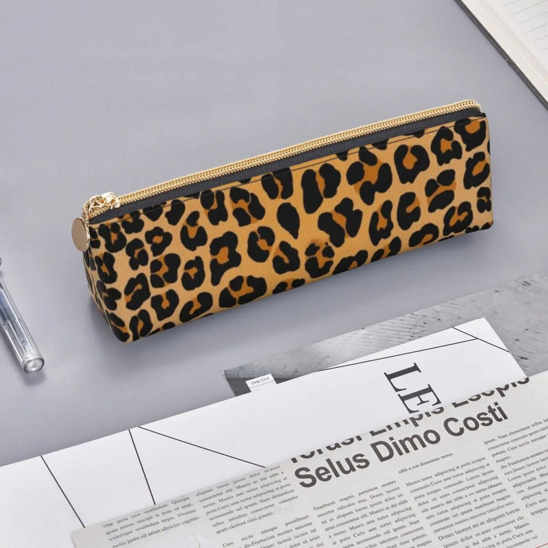 Animal Print Τριγωνική μολυβοθήκη Yellow Leopard for Teens University Zipper Pencil Box Ρετρό Δερμάτινη θήκη για στυλό