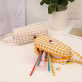 2023. aasta uus lihtne armas multifilmi tikandimustriga ruuduline pliiatsikarbid, kaelapael, tõmblukk, suure mahutavusega kirjatarvete kott tüdrukule