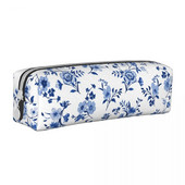 Zilā ziedu raksta zīmuļu futrālis Vintage Flowers pildspalvu kastītes soma Studentu lielas ietilpības skolas piederumu dāvanu zīmuļi