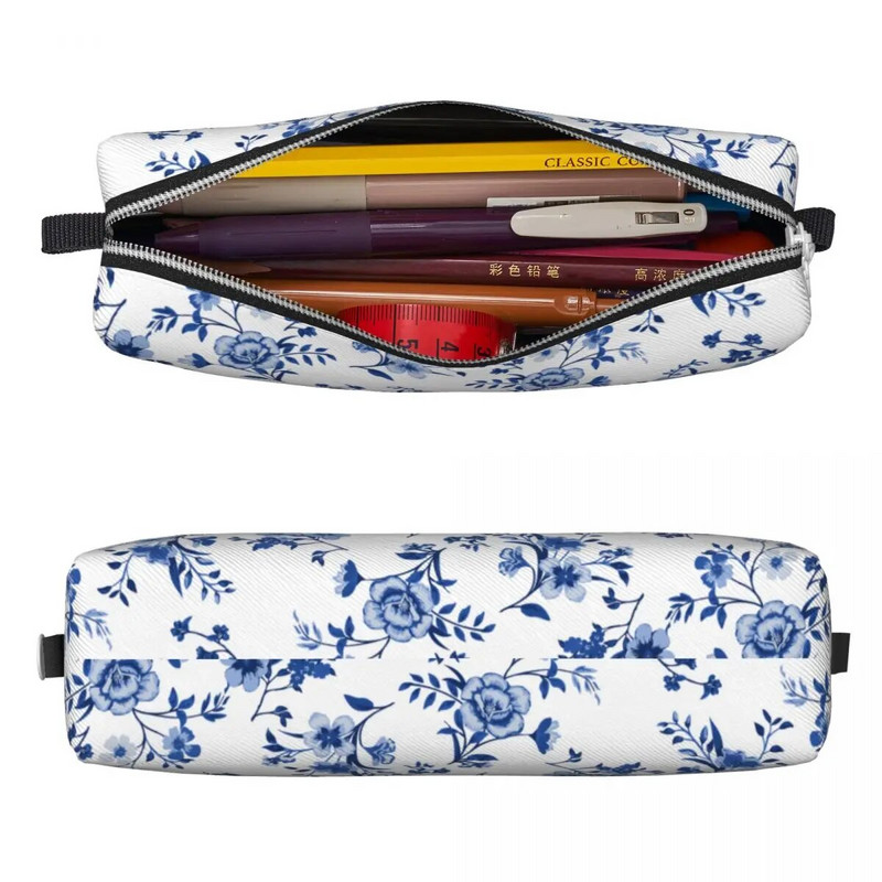 Zilā ziedu raksta zīmuļu futrālis Vintage Flowers pildspalvu kastītes soma Studentu lielas ietilpības skolas piederumu dāvanu zīmuļi