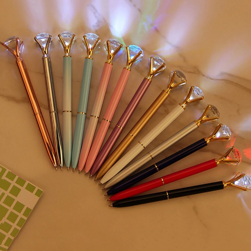 1PC Creative LED Light Big Diamond Metal Ballpoint Glitter Crystal Pen Metal Case Carat Diamond Ball Pen Stationery Writingering