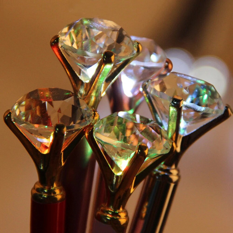 1PC Creative LED Light Big Diamond Metal Ballpoint Glitter Crystal Pen Metal Case Carat Diamond Ball Pen Stationery Writingering