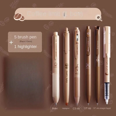 6 τμχ Coffee Time Gel Pens Highlighter 0,5mm Ballpoint Black Color Ink & Coffee Marker for Writing