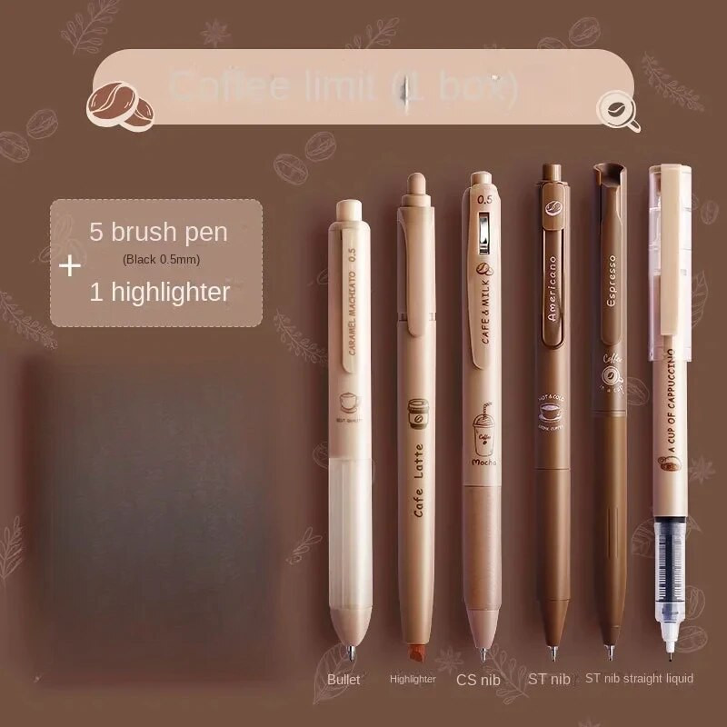 6 τμχ Coffee Time Gel Pens Highlighter 0,5mm Ballpoint Black Color Ink & Coffee Marker for Writing