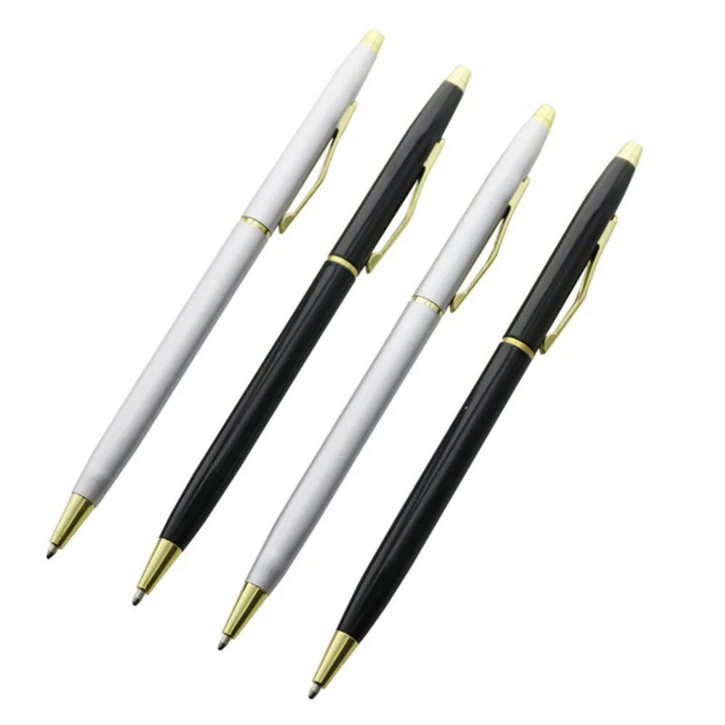 1 gab. Sudraba vai melna izvēles nerūsējošā tērauda stieņa rotējoša metāla lodīšu pildspalva, zila uzpilde, izsmalcināta paraksta dāvanu pildspalva