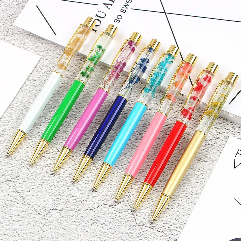 Radoša lodīšu pildspalva Metāla lodīšu pildspalvas Biroja piederumi Rose Golden Rose Gold Pens Dynamic Liquid Flower Pens