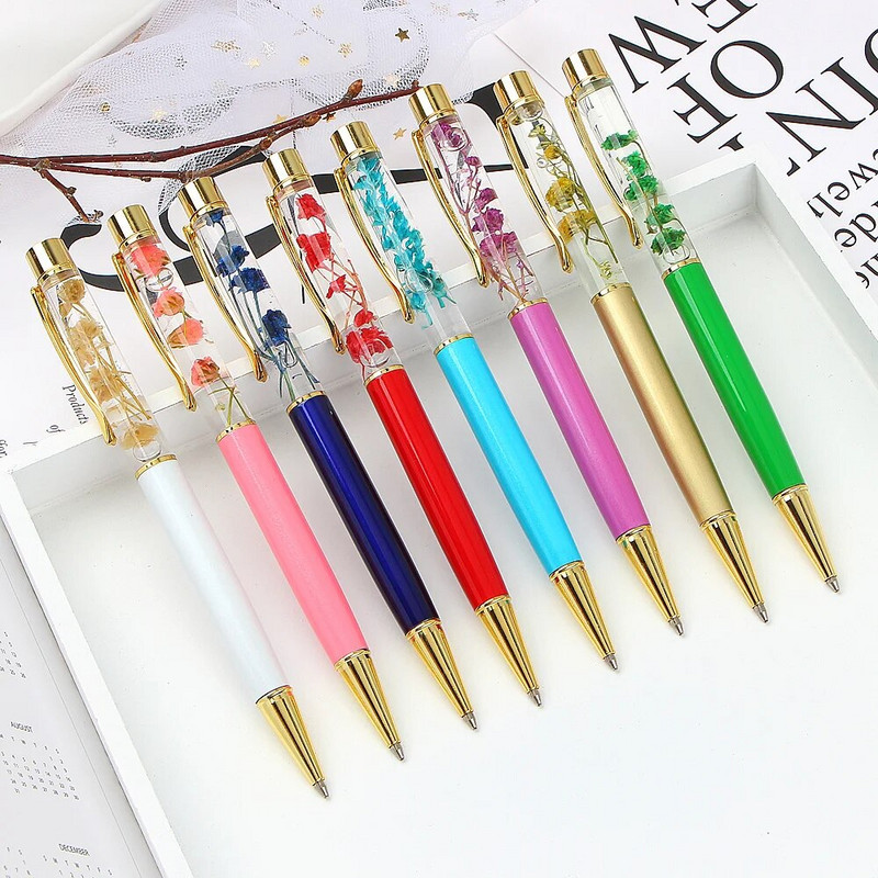 Radoša lodīšu pildspalva Metāla lodīšu pildspalvas Biroja piederumi Rose Golden Rose Gold Pens Dynamic Liquid Flower Pens