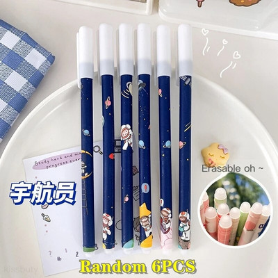 6/18gab/komplekts Kawaii karikatūras dzēšama pildspalva 0,5mm zila tinte Cute želejas pildspalvas Mazgājams rokturis Skolas biroja piederumi bērniem Statione