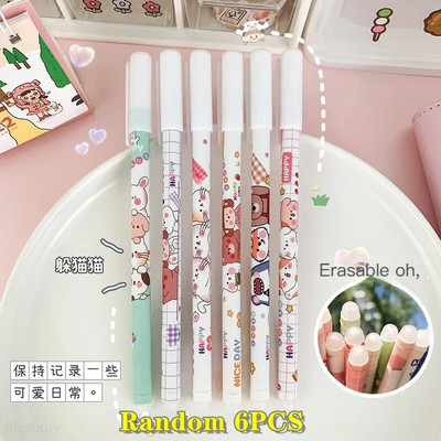 6/18gab/komplekts Kawaii karikatūras dzēšama pildspalva 0,5mm zila tinte Cute želejas pildspalvas Mazgājams rokturis Skolas biroja piederumi bērniem Statione