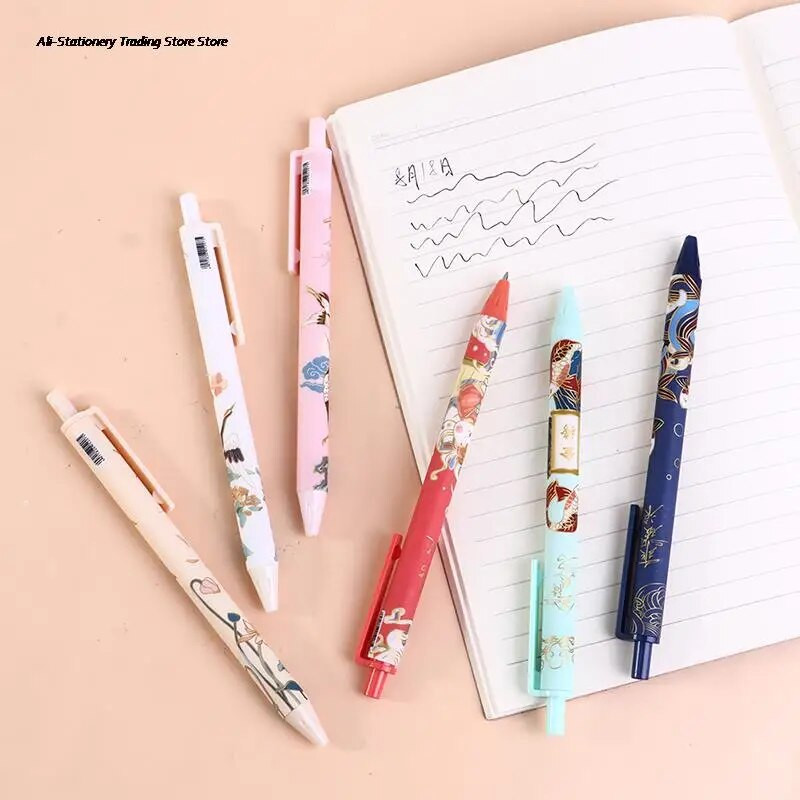 6Pc Cute Koi Ķīniešu stila izvelkama gēla pildspalva ar melnu tintes parakstu rakstīšanas pildspalva skolas birojam Kawaii kancelejas preces Гелевая Ручка