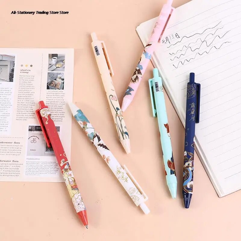 6Pc Cute Koi Ķīniešu stila izvelkama gēla pildspalva ar melnu tintes parakstu rakstīšanas pildspalva skolas birojam Kawaii kancelejas preces Гелевая Ручка