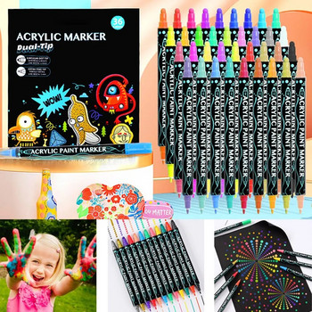 12/24/36 Опаковки Акрилни маркери за боядисване с двоен връх Маркери за рисуване с точки за рисуване Преносим маркер за оцветяване Бързо съхнещ