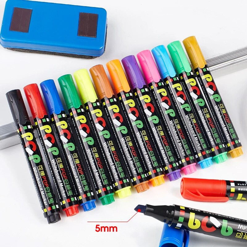 8/12 Έγχρωμο σετ λευκού πίνακα POP, λοξές και στρογγυλές μύτες, σβήσιμο, επαναγεμιζόμενο, ασφάλεια, μη τοξικό, σύσκεψη γραφείου, εκπαιδευτικά είδη