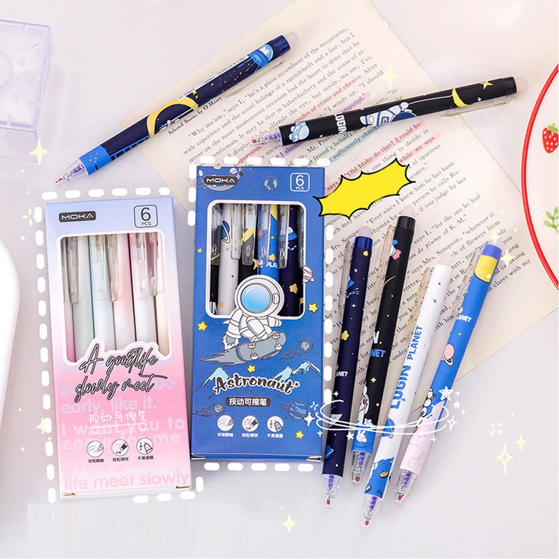 1 komplekts, 6 gab. augstvērtīga multfilmu noklikšķināma dzēšama lodīšu pildspalva studentiem, praksei un rakstīšanas vingrinājumiem, kancelejas piederumi