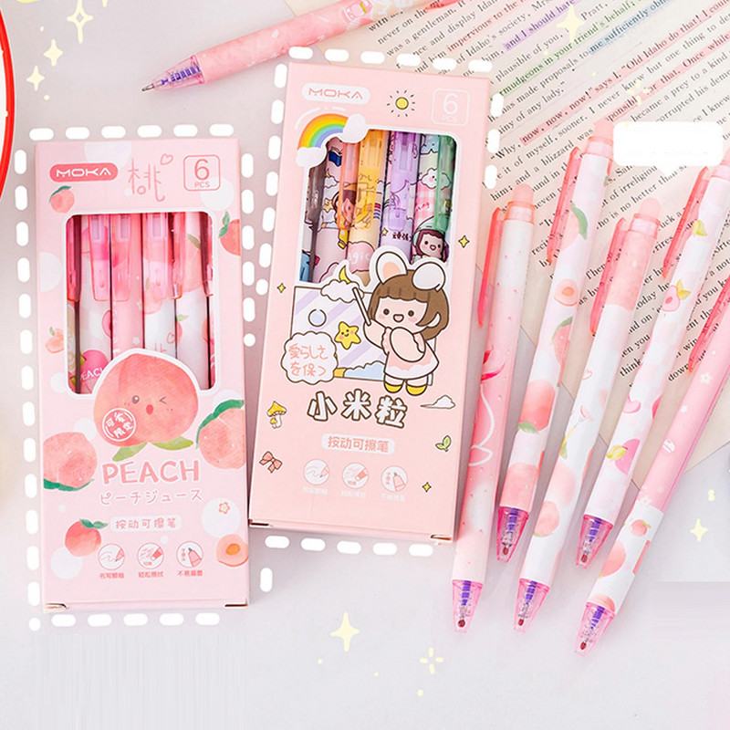 1 komplekts, 6 gab. augstvērtīga multfilmu noklikšķināma dzēšama lodīšu pildspalva studentiem, praksei un rakstīšanas vingrinājumiem, kancelejas piederumi