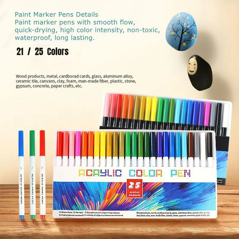 21/25 krāsu noturīgas akrila krāsas marķieru pildspalvas auduma audekliem, mākslas klinšu krāsošanai, karšu izgatavošanai, metālam un keramikai, stiklam