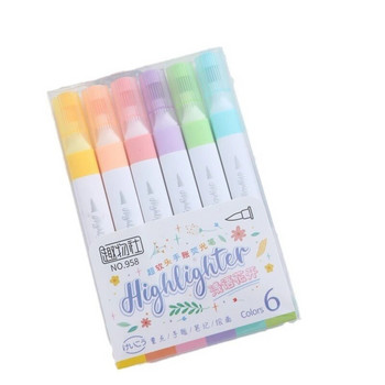 6 цвята Пастелни цветни хайлайтери Комплект химикалки Четка Флуоресцентни маркери Хайлайтери Химикалки Художествен маркер Японски сладък Kawaii Канцеларски материали