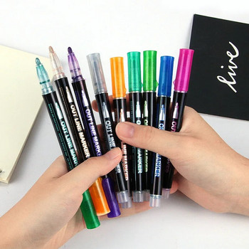 8/12/24 Colors Double Line Pen Metallic Color Marker Stand Glitter for Drawing Painting Doodling School Art Supplies