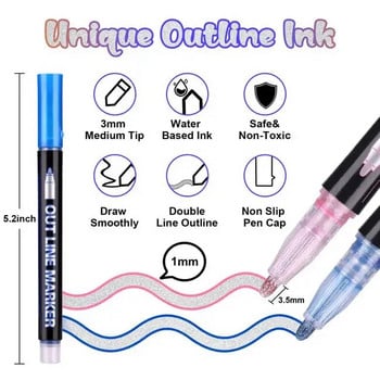 8/12/24 Colors Double Line Pen Metallic Color Marker Stand Glitter for Drawing Painting Doodling School Art Supplies