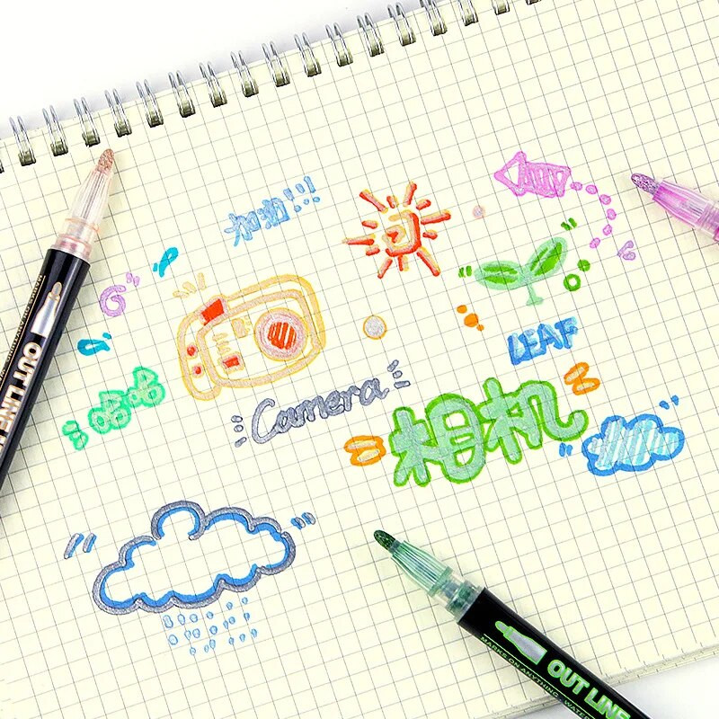 12.08.24 Krāsas Divu līniju pildspalva Metāla krāsu kontūru marķiera pildspalva mirdzoša zīmēšanai gleznošanai Rotaļu rakstīšana skolas mākslas piederumi