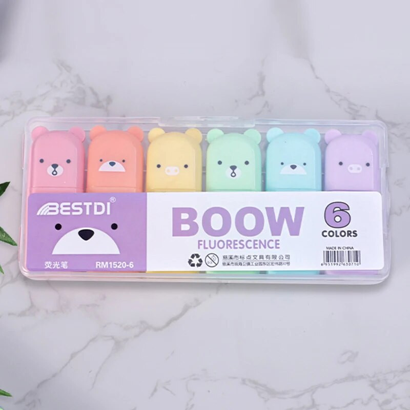 4/5/6 gab Kawaii Bear marķieri, rakstāmpiederumu marķieri, slīpi uzgali Candy krāsas fluorescējoša pasteļtoņu pildspalva skolas piederumi