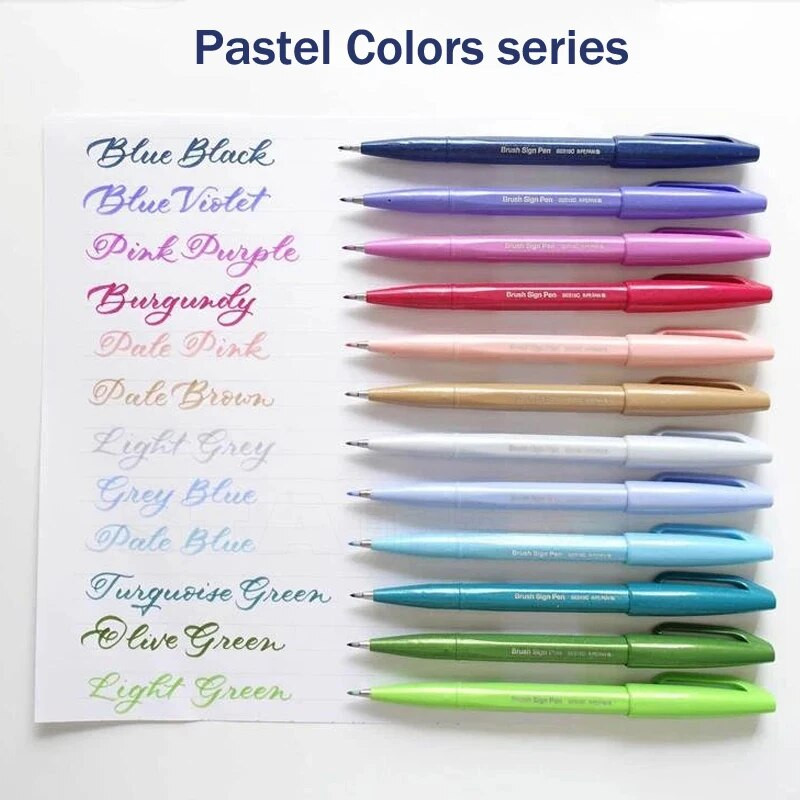 1 gab Japan Pentel Touch Brush Pildspalva ar mīkstu galu pasteļkrāsu kaligrāfijas pildspalvas Zīmēšanas mākslas marķieri Burti Skolas mākslas piederumi