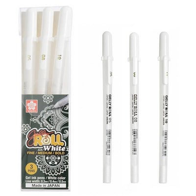 3 ΤΕΜ SAKURA Gelly Roll Gel Pens Marker for Journaling Art Drawing Classic White Ink Assorted Point Fine Medium Bold