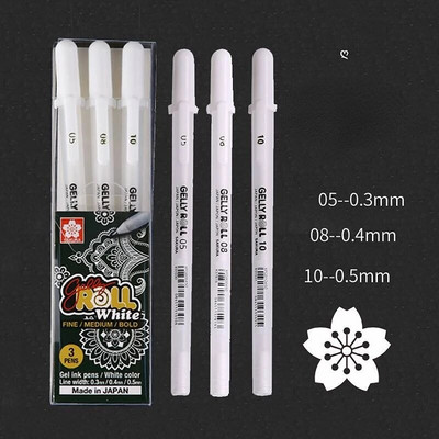 3GAB SAKURA Gelly Roll Gel Pens Izcelts marķieris žurnālu rakstīšanai Māksla Zīmējums Klasisks balta tinte Asorti Point Smalks Vidējs Trekns
