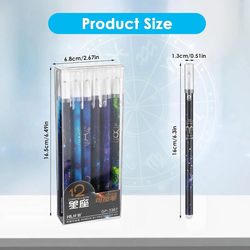 12 gab./kastīte Divpadsmit zvaigznāju dzēšams gēla pildspalva 0,5 pilnas adatas caurule slīpējama karstuma dzēšama pildspalva Skolas biroja piederumi