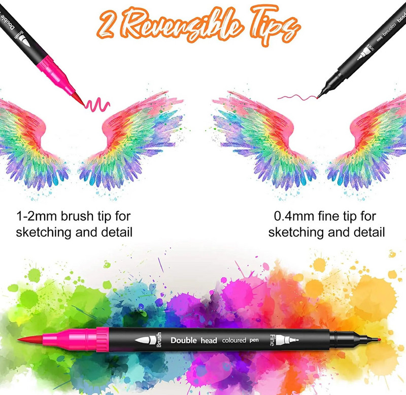 24.12.36 Krāsu pildspalvas ar dubultu šķiedru galu, divu otu pildspalvu komplekts, smalku galu otu mākslas marķieri pieaugušo studentu zīmēšanas akvareļiem Bujo