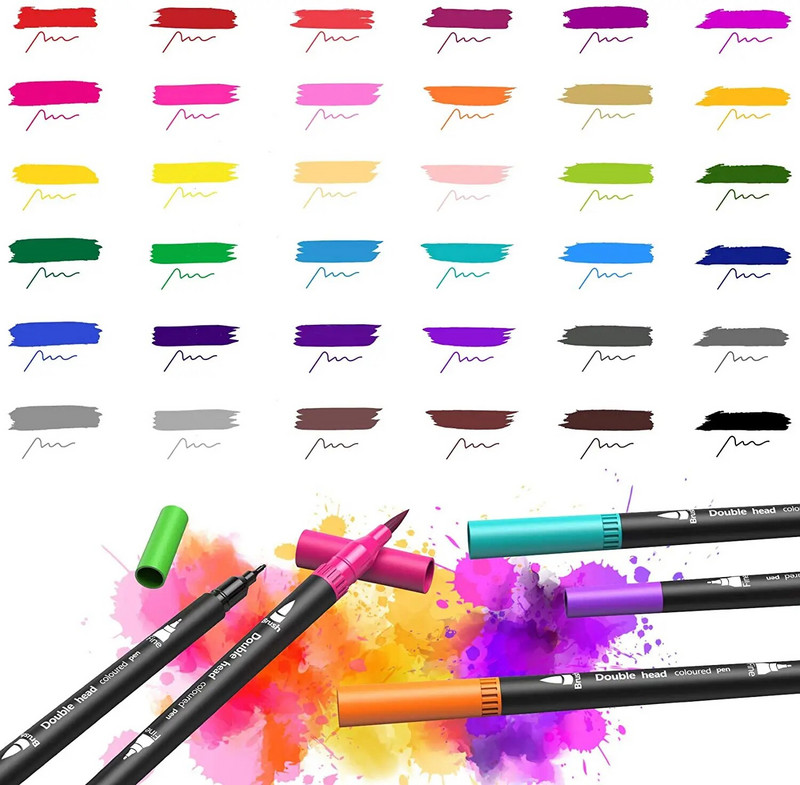 24.12.36 Krāsu pildspalvas ar dubultu šķiedru galu, divu otu pildspalvu komplekts, smalku galu otu mākslas marķieri pieaugušo studentu zīmēšanas akvareļiem Bujo