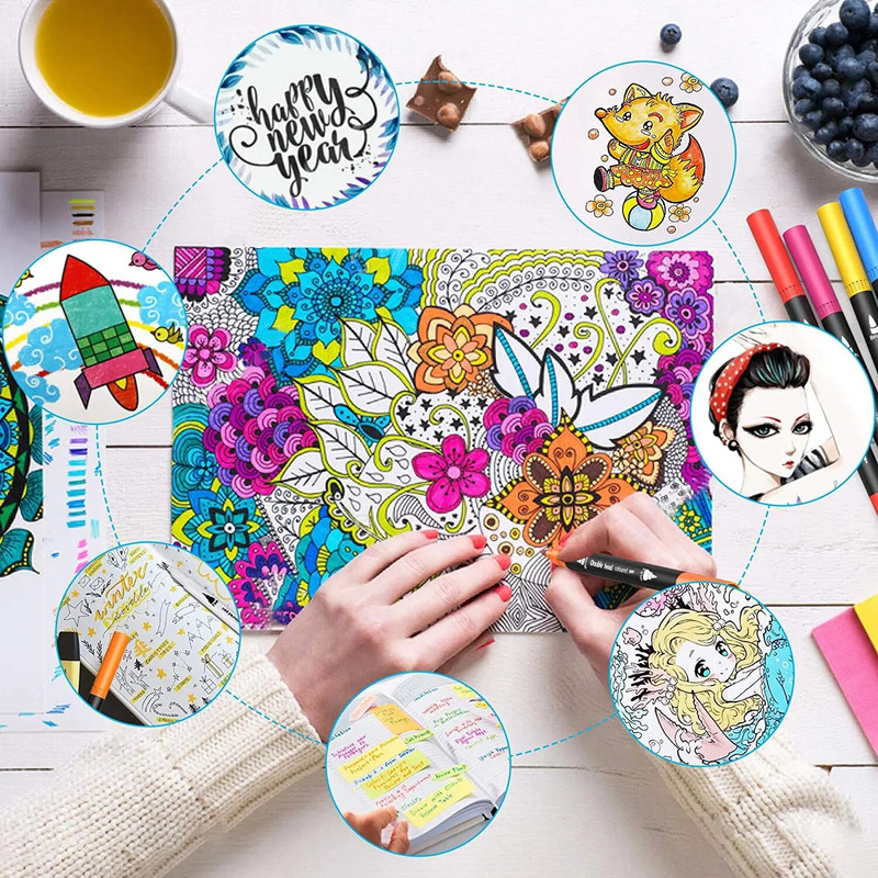 24.12.36 Krāsu pildspalvas ar dubultu šķiedru galu, divu otu pildspalvu komplekts, smalku galu otu mākslas marķieri pieaugušo studentu zīmēšanas akvareļiem Bujo