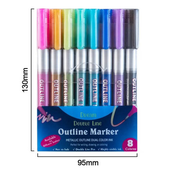 8 цветни контури Двойна линия Химикал Флаш Маркер Химикалки Скрапбукинг Рисуване Маркиращи химикалки Офис канцеларски принадлежности Инструменти за писане