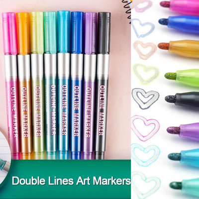 8 värviline piirjoon Kahe joonega pliiats välklambi pliiats Scrapbooking Maalimine esiletõstmispliiatsid Kontoritarbed Kirjatarbed Kirjutamisvahendid