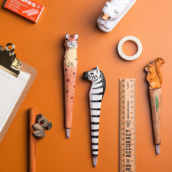 Химикалки с дърворезба с животни, ръчно изработени дървени художествени черни цветни химикалки с гел мастило за писане, подпис, декорация, офис училище A6029