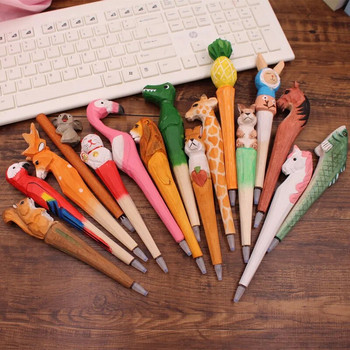 Химикалки с дърворезба с животни, ръчно изработени дървени художествени черни цветни химикалки с гел мастило за писане, подпис, декорация, офис училище A6029