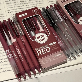 5 бр Kawaii химикалки Bordeaux Red Retro Гел химикалка Черно мастило Ученически пособия Back to School Японски канцеларски комплект химикалки Естетичен