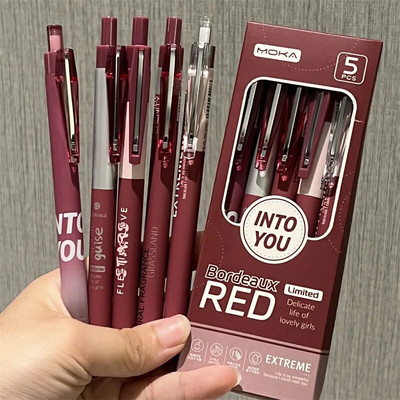 5gab Kawaii pildspalvas Bordeaux Red Retro Gel Pens Black Ink Skolas piederumi Atpakaļ uz skolu Japāņu kancelejas pildspalvu komplekts Estētisks