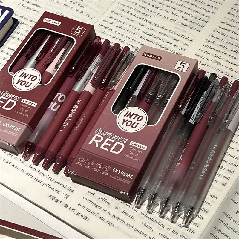 5gab Kawaii pildspalvas Bordeaux Red Retro Gel Pens Black Ink Skolas piederumi Atpakaļ uz skolu Japāņu kancelejas pildspalvu komplekts Estētisks
